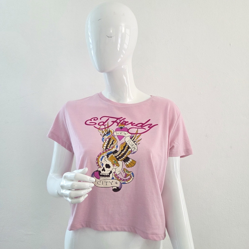 Y2K Ed Hardy Light Pink Snake Skull Tattoo Graphic Art XLarge Cropped Tee NYC - Picture 3 of 15